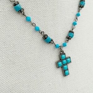 Faux Turquoise Acrylic Beaded Cross Necklace